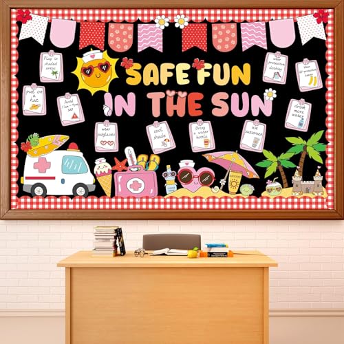 Sunshine Sun Bulletin Board Set Safe Fun in the Sun Classroom Decorations Summer Classroom Sunshine Safety Paper Cutouts for Back to School Teachers Chalkboard Wall Door Decor - style: Sun