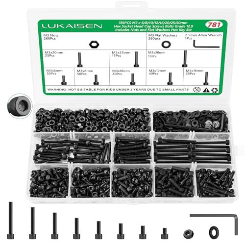 781PCS M3 Hex Socket Screw Assortment Kit,M3 X 6/8/10/12/16/20/25/30mm - size: M3 781pcs 3