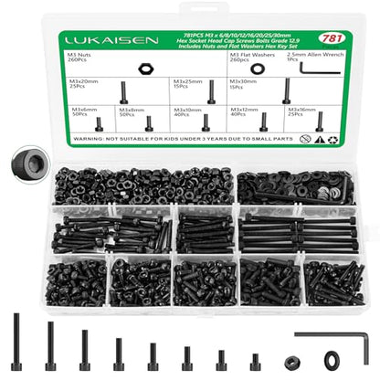 781PCS M3 Hex Socket Screw Assortment Kit,M3 X 6/8/10/12/16/20/25/30mm - size: M3 781pcs 3