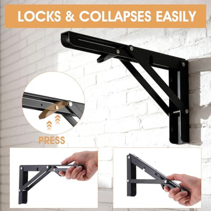 4 Pcs Folding Shelf Brackets, 10 Inch Heavy Duty Metal Foldable Triangle Wall Mounted Table Hinge, Space Saving Black Brackets for Bench Table DIY with Screws