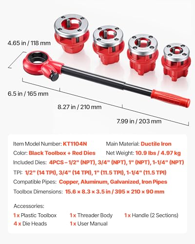 VEVOR Ratchet Pipe Threader Kit with 4 Dies, 1/2" NPT, 3/4" NPT, 1" NPT, 1-1/4" NPT Manual Ratcheting Pipe Threading Tool, Portable Pipes Threader Set with Toolbox for Plumbing Installation & Repair - size: 1/2" - 1-1/4"