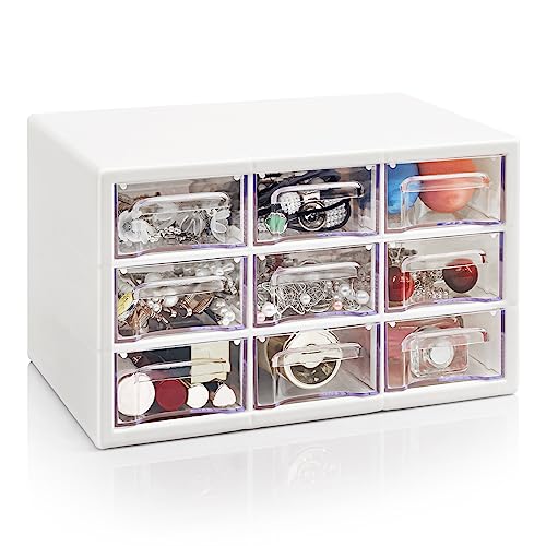 Stackable Desk Organizer with 9 Drawers, Clear Storage Box, White - color: White