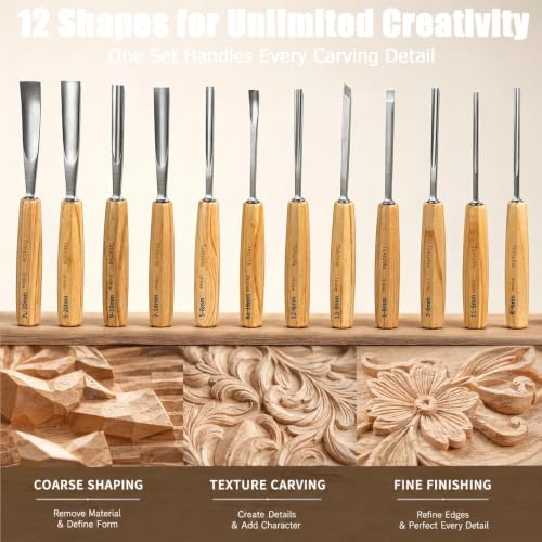 12 PCS Wood Carving Tools Set with Razor Sharp 60CRV Steel Chisels & Gouges