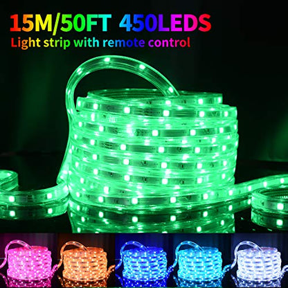 LED Rope Lights 50ft/15m RGB Dimmable Strip Lighting Kit, Flexible 450 LED, 110V, Waterproof, Male and Female Connectors, Power Plug Built-in Fuse Design, Infrared Remote Control - size: 15M