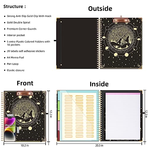 Ospelelf Clipboard with Storage 8.5 X 11，Padfolio Organizer, Spiral Portfolio Letter Size with Notepad, Pen Holder, 5 Extra Folder Divider Pages, Elastic Closure Nurse Office Essentials (Moon) - color: Revolution of the Moon