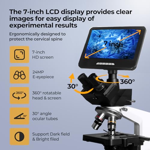 [Darkfield 24MP Smart Monitor] Vabiooth Lab Trinocular Compound Microscope 40X-2500X Magnification with Monitor Free Software-One Click Capturing Images & Video, Measuring Lengths - size: 7" - 24MP Darkfield