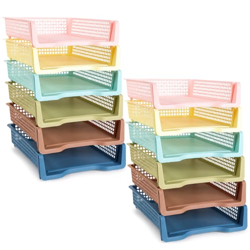 Set of 12 Boho Turn in Trays for Teachers Stackable Classroom Paper Letter Trays Plastic Classroom Desk Letter Organizer Tray Storage Baskets for Library, Drawers, Office, Home - color: Boho