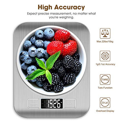 Mik-Nana Food Scale, 22lb Digital Kitchen Scale Weight Grams and Oz for Baking and Cooking, 1g/0.1oz Precise Graduation, Easy Clean Stainless Steel - color: Silver