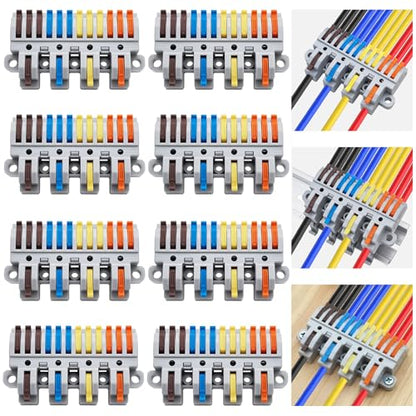 CESFONJER 4-in-12-out Lever Terminal Block Kit, Quad Input to Twelve Output Splicing, DIN Rail & Screw Mountable Conductor Connector, for 28-12AWG wire, 8 Pack with Fittings - color: set4