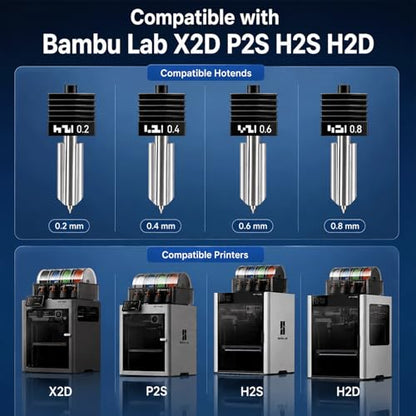 4PCS Hardened Steel Hotend Nozzle Set (0.2/0.4/0.6/0.8mm) Compatible with Bambu Lab X2D P2S H2S H2D, All-Metal Quick Swap Nozzles, Includes 8 Silicone Socks - color: 4PCS, size: 0.2/0.4/0.6/0.8mm