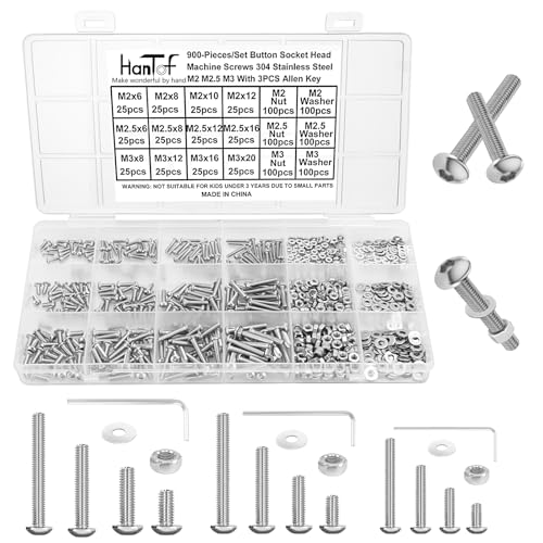 900Pcs Button Head Hex Socket Cap Screws Bolts Nuts Washers Kit, 304 Stainless Steel, Small M2 M2.5 M3 Allen Head Machine Bolts Nuts and Flat Washers Set, Fully Threaded, Come With Hex Wrench