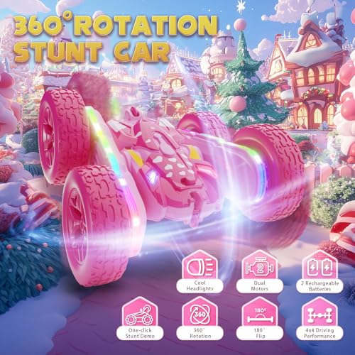 Terucle Remote Control Car for Girls, Pink RC Cars Stunt RC Car Girl Toys for Girls Double-Sided 360° Rotating with Headlights 4WD Kid Toys for Birthday Gifts (Pink) - color: Pink