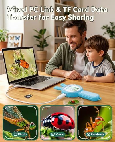 Kids Microscope Autofocus Magnifier STEM Gifts Toys for Ages 4-12 - color: Pink-rabbit ear