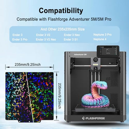 PEF+PEY Holographic Build Plate for Adventurer AD5X/5M/5M Pro, Rainbow Confetti +Galaxy Spring Steel Flexible Platform for Neptune 3 Pro/4, Kobra, Ender 3/3 Pro/3S1/3 v2, CR 20/CR 20 Pro - size: 235x235mm