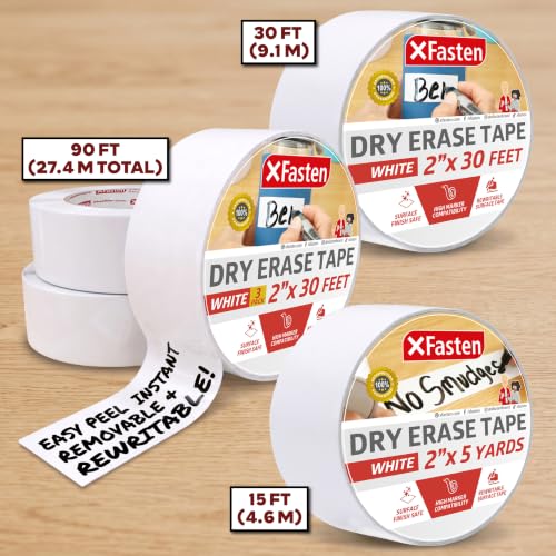 XFasten Dry Erase Tape White 2-Inch x 30-Feet Zero Smudging Ghosting-Free Whiteboard Tape, Reusable Dry Erase Labels for Storage Bins, Sentence Strips for Teachers - size: 2-Inch x 30-Feet