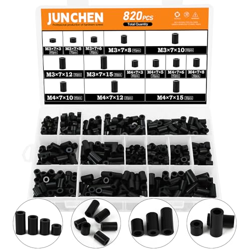 820pcs Black Nylon Spacers, 14 Sizes Plastic Spacer Assortment Kit, Electrical Outlet Screw Spacers Unthreaded for Electrical Screws, Switch and Receptacle Od7mm Id3/4mm Length 3/5/ 6/8/ 10/12/ 15mm