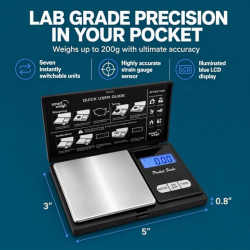 Smart Weigh Precision Pocket Gram Scale, 200g x 0.01g, ct, DWT & ozt Units - size: 200g / 0.01g