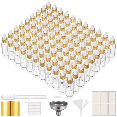 PrettyCare Glass Dropper Bottles 99 Pack, 1oz (30ml) Clear Empty Thick Bottles Bulk with Leakproof Golden Caps - With Labels & Funnels for for Storage, Travel,Essential Oils, DIY Serums - color: 1oz Clear, style: 99 Pack