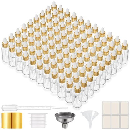 PrettyCare Glass Dropper Bottles 99 Pack, 1oz (30ml) Clear Empty Thick Bottles Bulk with Leakproof Golden Caps - With Labels & Funnels for for Storage, Travel,Essential Oils, DIY Serums - color: 1oz Clear, style: 99 Pack