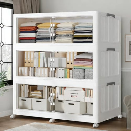 720QT Extra Large Stackable Storage Bins with Lid, 180Gal Plastic Closet Organizers and Storage Drawer, Collapsible Cabinet Box with Wheels Clear Doors for Home Kitchen Office, 3Pack White - size: 240QT