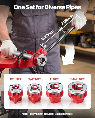 VEVOR Ratchet Pipe Threader Kit with 4 Dies, 1/2" NPT, 3/4" NPT, 1" NPT, 1-1/4" NPT Manual Ratcheting Pipe Threading Tool, Portable Pipes Threader Set with Toolbox for Plumbing Installation & Repair - size: 1/2" - 1-1/4"