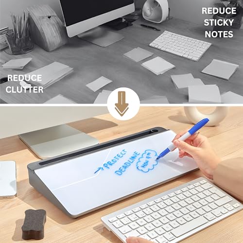 GAROOD Desktop Dry Erase Board with Storage (Grey Base) Desk Desk Board Glass Desktop White Board with Stand Home Office Organizer Phone Holder 15.8X7X2 inches - color: Grey Base + Whiteboard