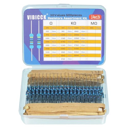 600Pcs 30 Values Resistor Kit, 10 Ohm-1M Ohm with 1% 1/4W Metal Film Resistors Assortment Kit for Electronic Projects (30Values 600Pcs)