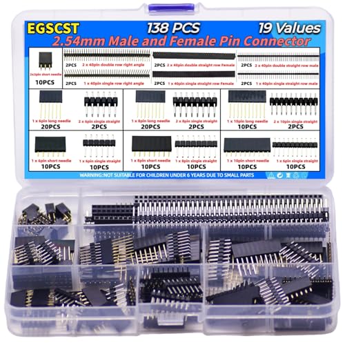138PCS 2.54mm Male and Female Pin Headers Connector Assortment Kit 3/6/8/10/40Pin Single/Double Row Stackable Shield and Breakaway PCB Breadboard Pin Header for Arduino Prototype Shield