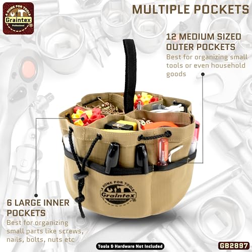 Graintex GB2897 18 Pockets Grab Bag Khaki Color Rip-Stop Canvas Drawstring Closure, Small Parts Organizer Bag, Parachute for Screws, Tools, - color: Khaki