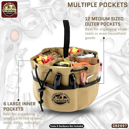 Graintex GB2897 18 Pockets Grab Bag Khaki Color Rip-Stop Canvas Drawstring Closure, Small Parts Organizer Bag, Parachute for Screws, Tools, - color: Khaki