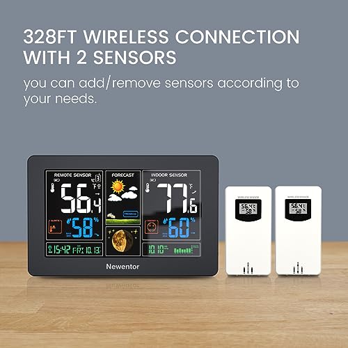 Newentor Weather Station Wireless Indoor Outdoor Thermometer, Black,2Sensor - color: Black, size: with 2 sensor