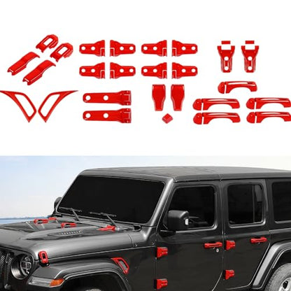 JWWY Complete Exterior Cover Trim Kit for 2018–2026 Jeep Wrangler JL JLU, Full Coverage Door Handle Hood Hinge Hood Latch Side Air Vent Rear Tailgate Window Hinge Covers, 43PCS Red - color: Red
