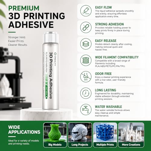 Creality 3D Printer Adhesive Glue for Bed Adhesion 80mL Large Capacity Liquid 3D Printer Glue Anti-Warping Low Odor Easy Clean Creality Glue for PLA PETG ABS ASA Fits All FDM 3D Printer (Pack of 1)