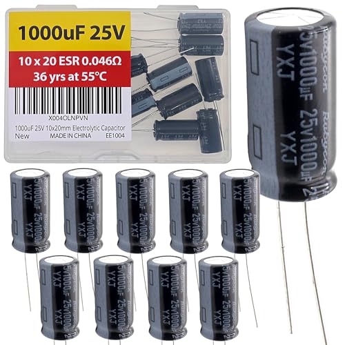 1000uF 25V 10x20mm Rubycon Electrolytic Capacitor Low ESR 0.046Ω Long Life 36yrs at 55 Degree C mfd mircofarad Micro Farad Radial Lead Aluminum Capacitors (Pack of 10) - style: 1000uF 25V 10x20mm Rubycon