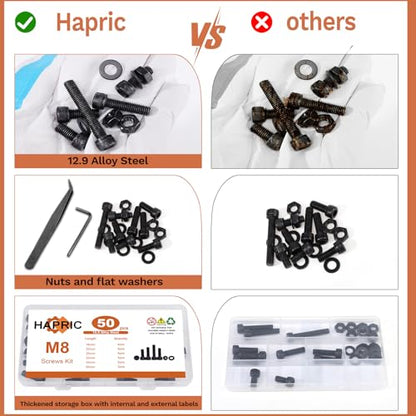 50 Pcs M8 Bolts Kit M8x 16/20/25/30/40/50 mm M8 Screw Kits - color: Black, size: M8x16mm-50mm 50Pcs