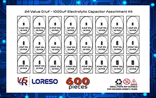 Electrolytic Capacitor Assortment Kit Box By Loreso 600pcs 24 Value - Electrolytic Capacitors 0.1uf to 1000uf 50V, for Aurdiono Hobby Electronics, Audio-Video Project Electronic Repair - style: Electrolytic Capacitors