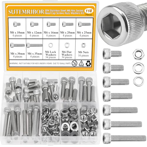 118 Pieces M6 Screws Nuts Washers Set, Sutemribor M6 x 10/12/16/20/25/30/35mm Hex Socket Head Cap Screws Nuts Washers Assortment Kit, 304 Stainless Steel, Fully Threaded - size: M6, style: Socket Head