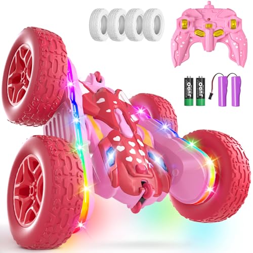 Terucle Remote Control Car for Girls, Pink RC Cars Stunt RC Car Girl Toys for Girls Double-Sided 360° Rotating with Headlights 4WD Kid Toys for Birthday Gifts (Pink) - color: Pink