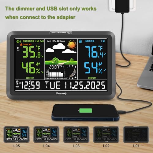 DreamSky Weather Station Indoor Outdoor Thermometer Wireless, Atomic Clock - color: Black with 2 sensors