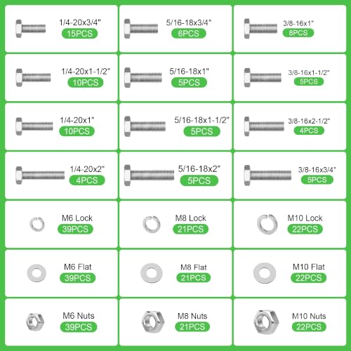 328 Pcs 1/4"-20,5/16"-18,3/8"-16 UNC Stainless Steel Hex Head Screw Kit - size: 1/4,5/16,3/8-328Pcs