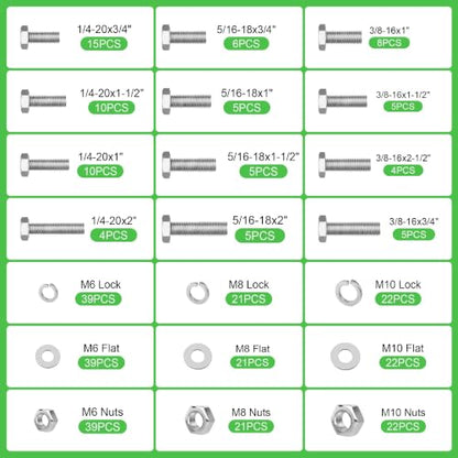 328 Pcs 1/4"-20,5/16"-18,3/8"-16 UNC Stainless Steel Hex Head Screw Kit - size: 1/4,5/16,3/8-328Pcs