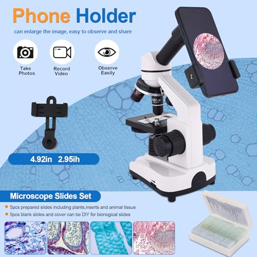 Microscope for Adults & Kids, 40X-2500X High-Power Compound Microscope for Students, School Lab & Home Schooling,Equiped with Slides Set & Phone Holder (White) - color: white