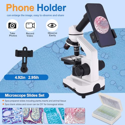 Microscope for Adults & Kids, 40X-2500X High-Power Compound Microscope for Students, School Lab & Home Schooling,Equiped with Slides Set & Phone Holder (White) - color: white