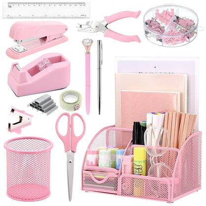 13-in-1 Office Desk Organizer Set for Back to School Supplies Accessories - color: Pink