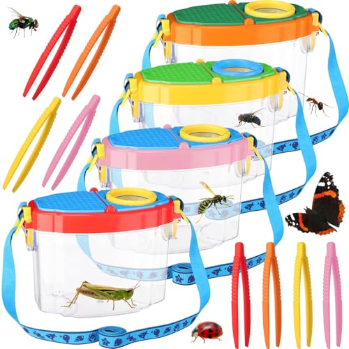 Halloscume 4 Pack Bug Catcher Insect Viewer for Kids with Tweezers, Bright - color: Bright