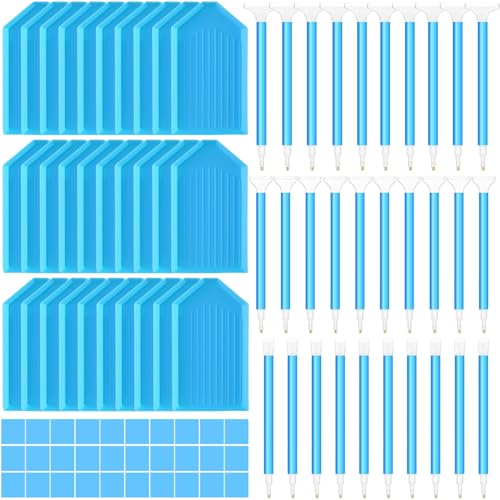 Affrolling 90 Pcs Diamond Art Tools, Drill Pens Trays Glue Clay - color: Blue