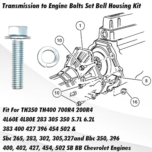 6‑Pack Engine to Transmission Bell Housing Bolts Kit for GM SBC & BBC to TH350,TH400,700R4,200R4 Transmissions,3/8‑16 x 1‑1/2″ Grade 8.8 Flanged Hex Engine‑to‑Trans Fasteners