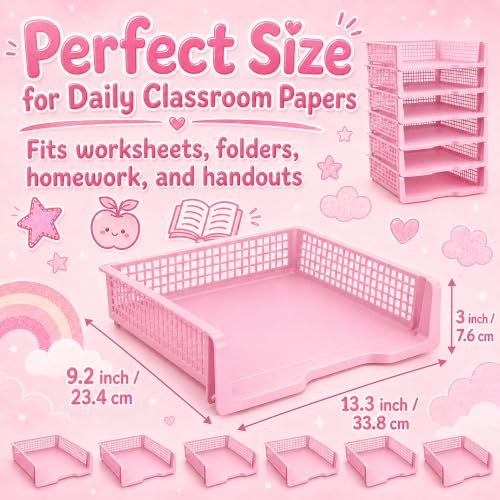 6 Pcs Pink Turn in Trays Classroom, Stackable Paper Bins for Classroom, 13x9x2.8 inch Plastic Baskets Desktop Organization System Office (Pink) - color: Pink