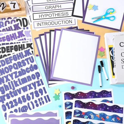 129Pcs Planet Space Science Fair Board Supplies Includes Self Adhesive Science Fair Project Titles Subtitles Presentation Bulletin Border Letter Stickers Scalloped Bulletin Border for Classroom Office - style: Space