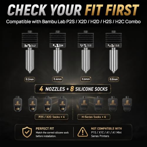 4PCS 0.2/0.4/0.6/0.8mm P2S Hotend for Bambu Lab P2S X2D H2D H2S H2C, Hardened Steel Nozzle Replacement with 8 Silicone Socks, Quick Swap 3D Printer Hotend Nozzles